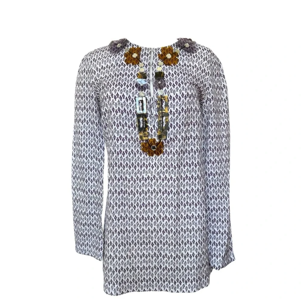 Tory Burch Sz 6 Printed Cotton And‎ Silk V Neck Tunic Top Purple Beaded Neckline
